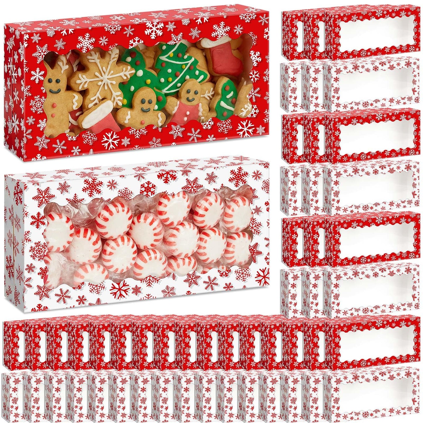 Tenceur 100 Pieces Christmas Cookie Boxes with Window & Lid 12.5 x 5.5 x 2.5 Inch Red and White Snowflake Bakery Boxes Christmas Xmas Candy Treat Food Container for Xmas Gift Wrapping Party Favor