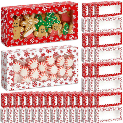 Tenceur 100 Pieces Christmas Cookie Boxes with Window & Lid 12.5 x 5.5 x 2.5 Inch Red and White Snowflake Bakery Boxes Christmas Xmas Candy Treat Food Container for Xmas Gift Wrapping Party Favor
