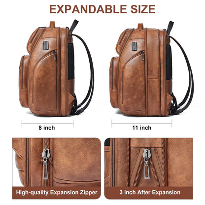 tiamyi Vegan Leather Backpack, 40L Expandable, TSA Travel Backpack for Men and Women, Fits 17.0 Inch Notebook with Luggage Strap and USB Port, Brown