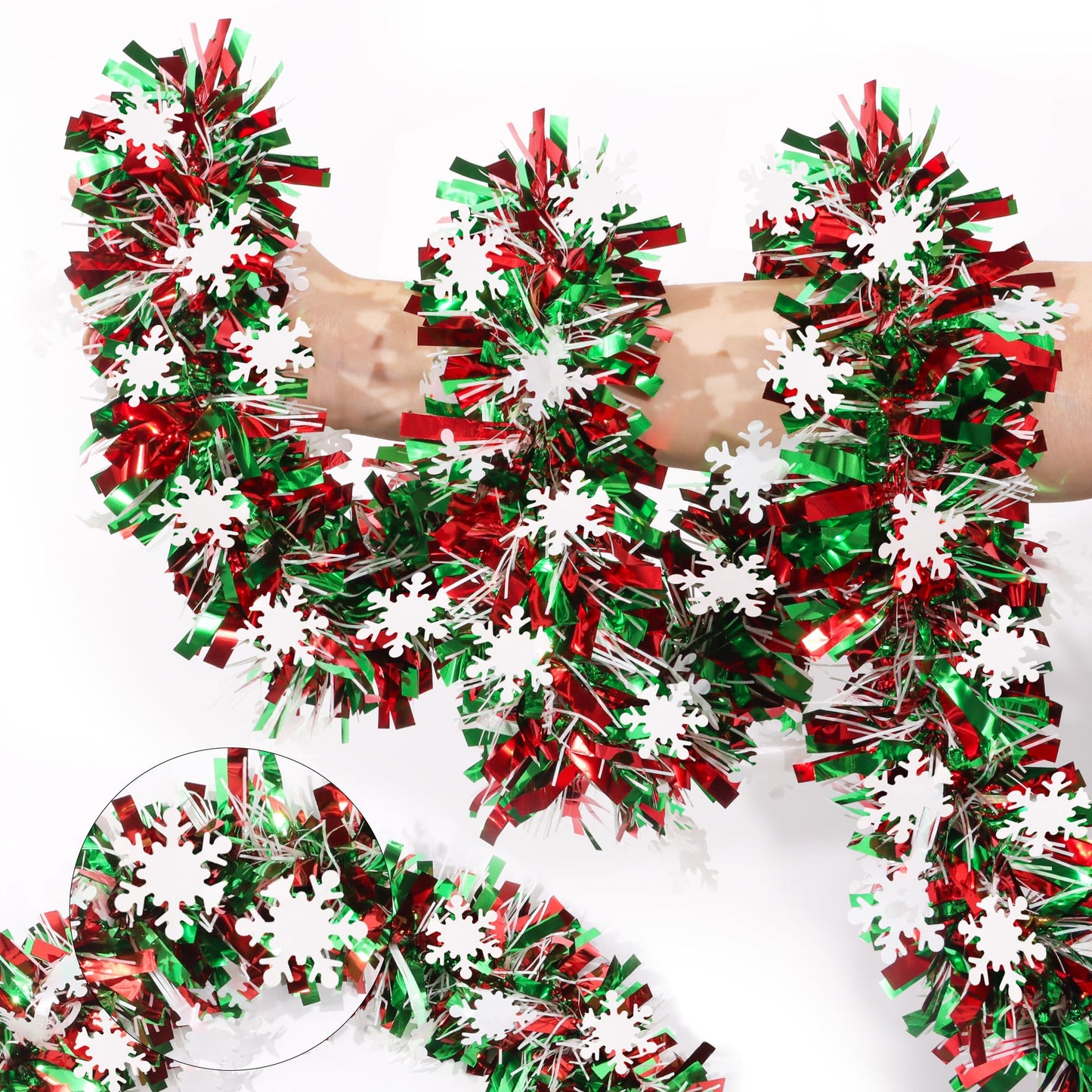 50FT Red Green White Christmas Tinsel Garland with Snowflake Ornaments Metallic Shiny Xmas Garland for Christmas Tree Decoration Holiday Hanging Garlands Indoor Outdoor Home Office Party Holiday Decor
