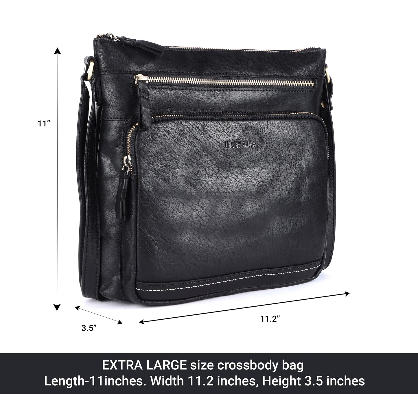 LEDERBUCK Olga Women's Extra-Large Genuine Leather Crossbody Purse – Soft Triple-Zip Shoulder Bag (Black)