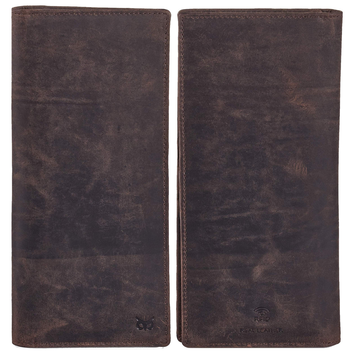 Long Wallet for Men Women Real Leather Bifold RFID Stylish Slim Handmade 2 ID Window Credit Card Holder in Gift Box (Coffee, Crazy Horse)