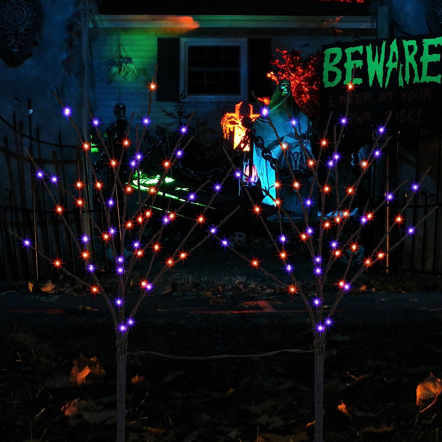 Lighted Halloween Tree Branches, 30IN 100LED Artificial Black Twig Branch with Purple&Orange Fairy Lights, Built-in Timer & Battery Operated, Waterproof for Outdoor Pathway Lawn Garden Decorations