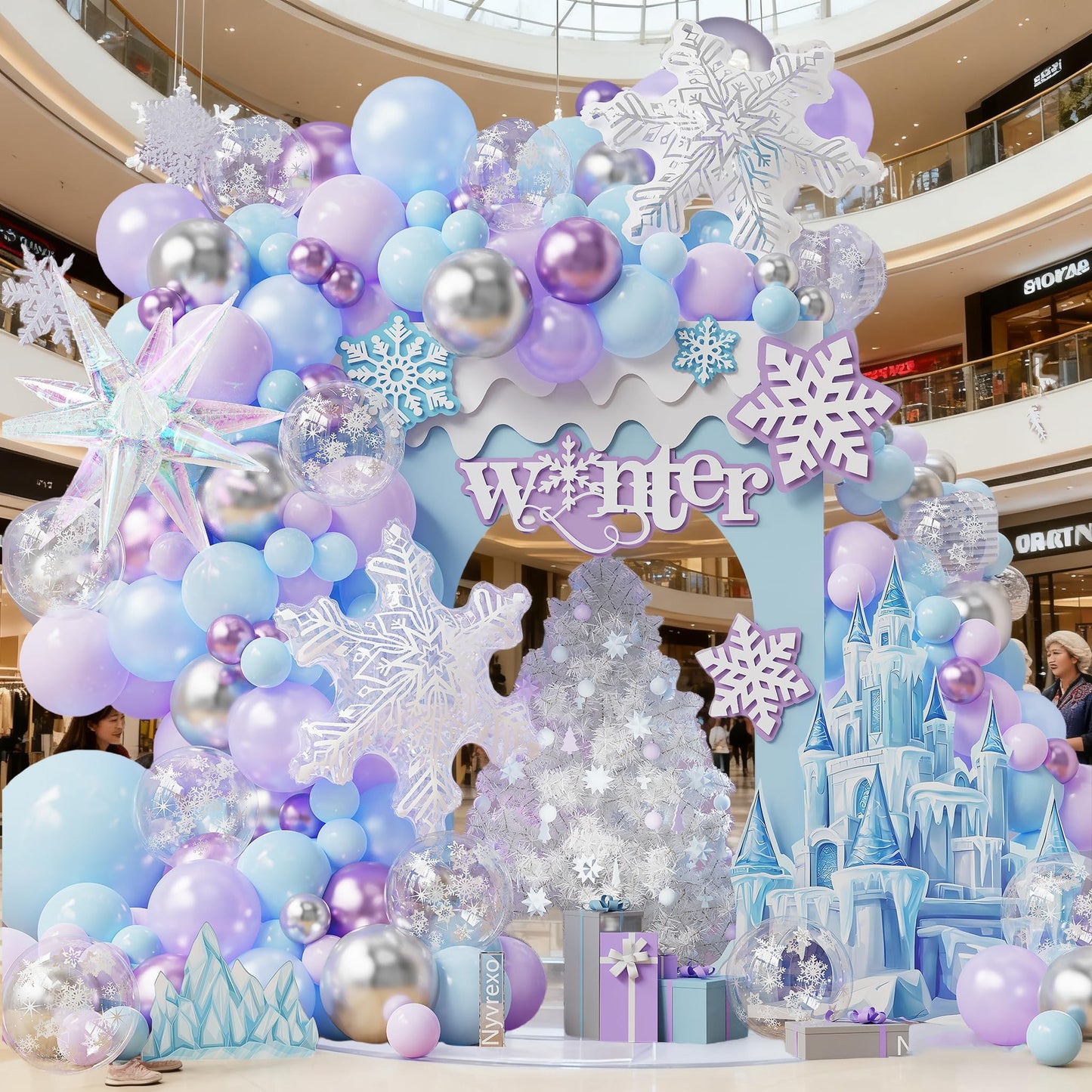 Winter Wonderland Decorations, 162Pcs Snowflake Blue Purple Balloons Arch Garland Kit with Ice Snow Iridescent Explosion Star Foil Balloons for Baby Shower Christmas Birthday Party