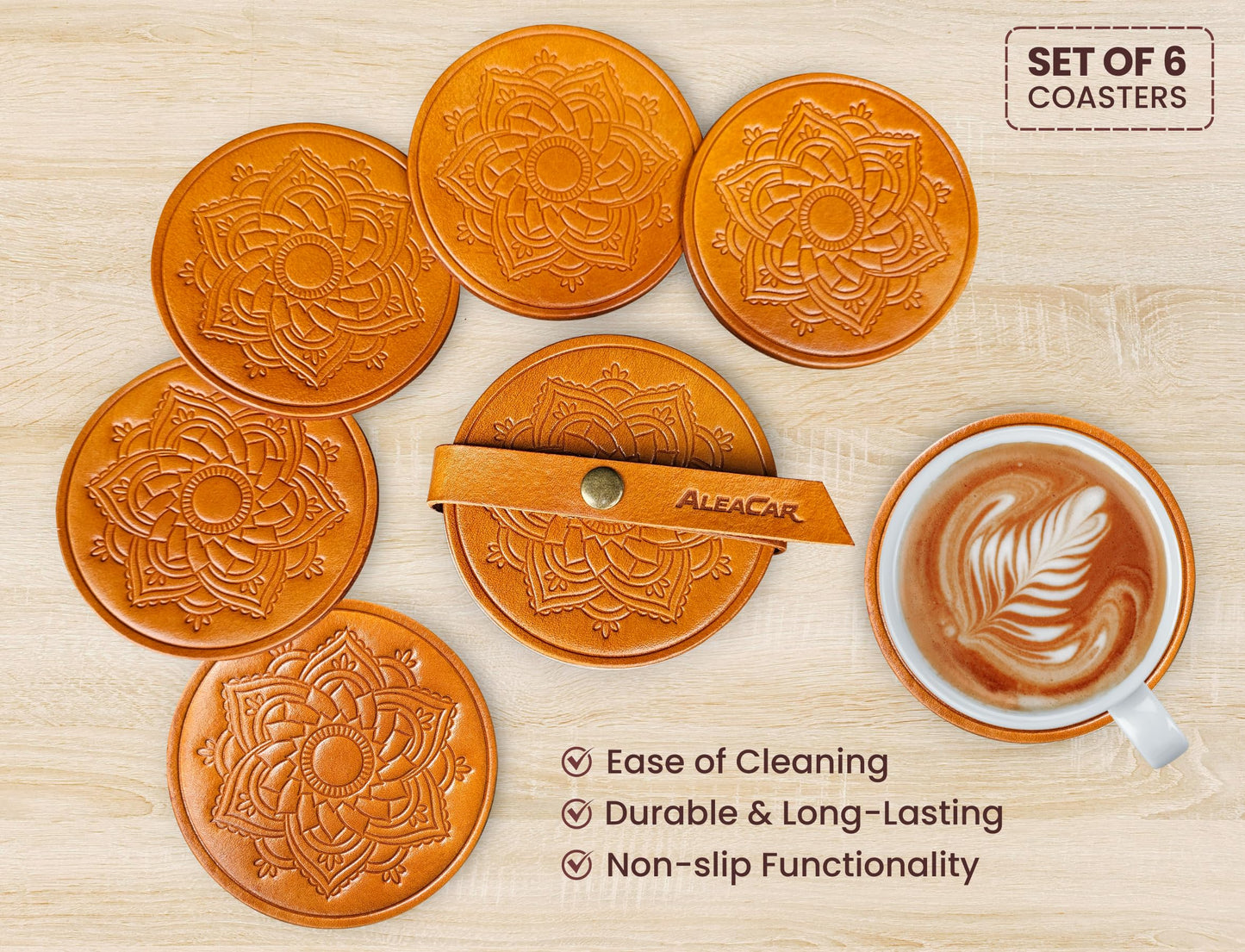 ALEACAR Handmade Leather Coasters 4" for Drinks - Set of 6 Modern Cup Coaster for Coffee, Wine, Desk, Table, Office - Coster for Outdoor Patio, Perfect Housewarming Gift & Home Décor (WoodBrown)