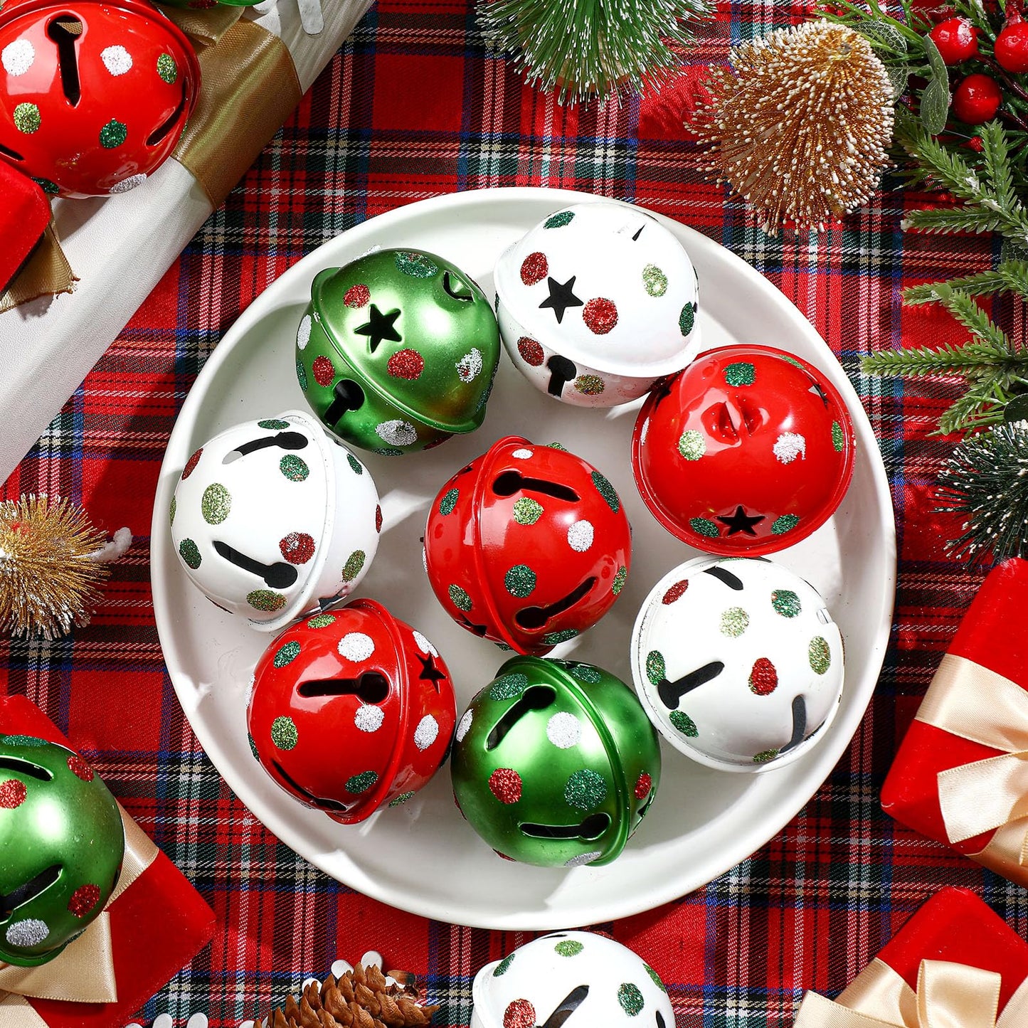 12 Pcs Large Christmas Jingle Bells with Ribbon 2.4 Inch Metal Cutout Craft Bells Lime Green Glitter Dot Red Green Christmas Tree Ornaments Xmas Hanging Decor for Holiday Wreath Garland DIY Decor