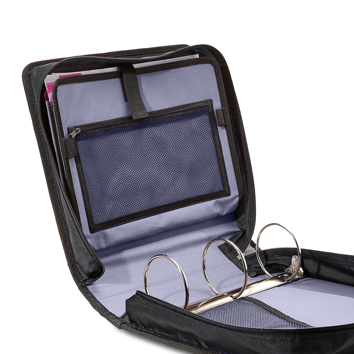 Amazon Basics Durable 3 Ring Binder with Zipper and Strap, Multiple Pockets, Sturdy Storage for School and Office, 3 inch, Black