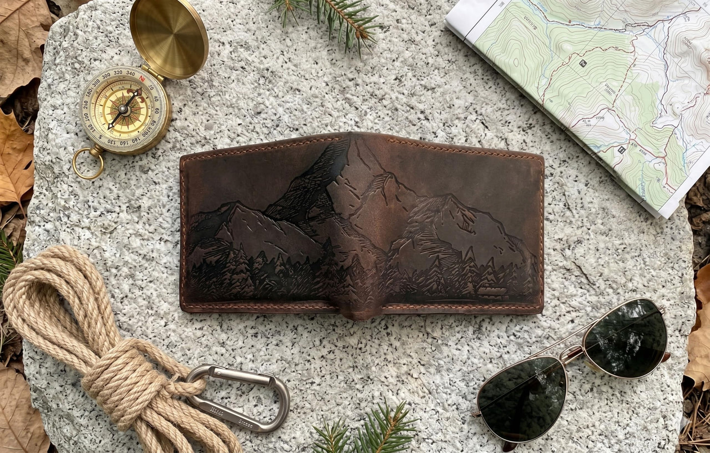 Mayan Corner - Mountain landscape handcrafted leather wallet, distress waxed leather gift, ID card slot bifold style