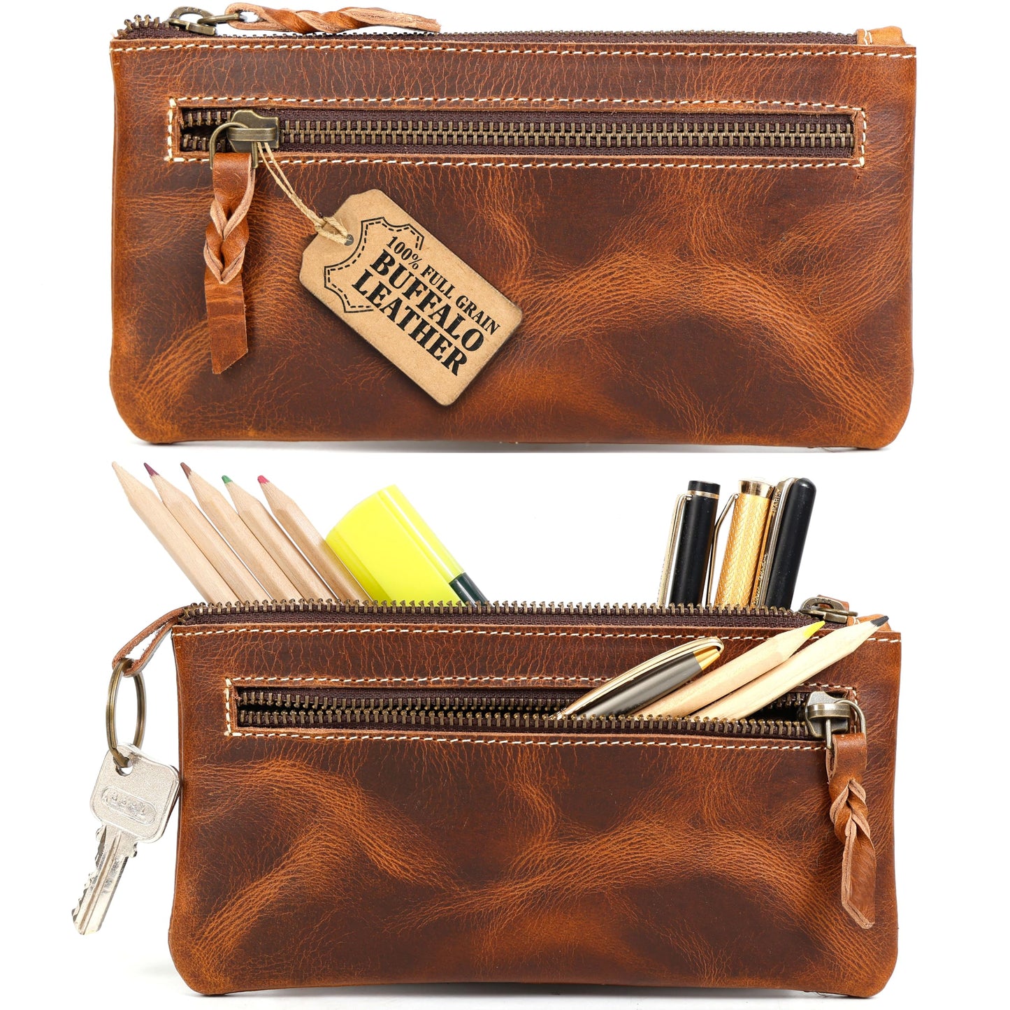 LEATHER TOWN Leather Pencil Case Pouch 8" x 4" - Leather Pen Case with Zipper (Brown)