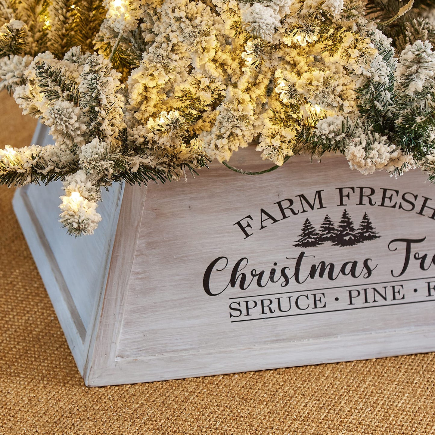 Glitzhome 26" L Washed White Wooden Tree Collar, Rustic Trapezoid Tree Stand Cover Farm Fresh Christmas Tree Skirt Box