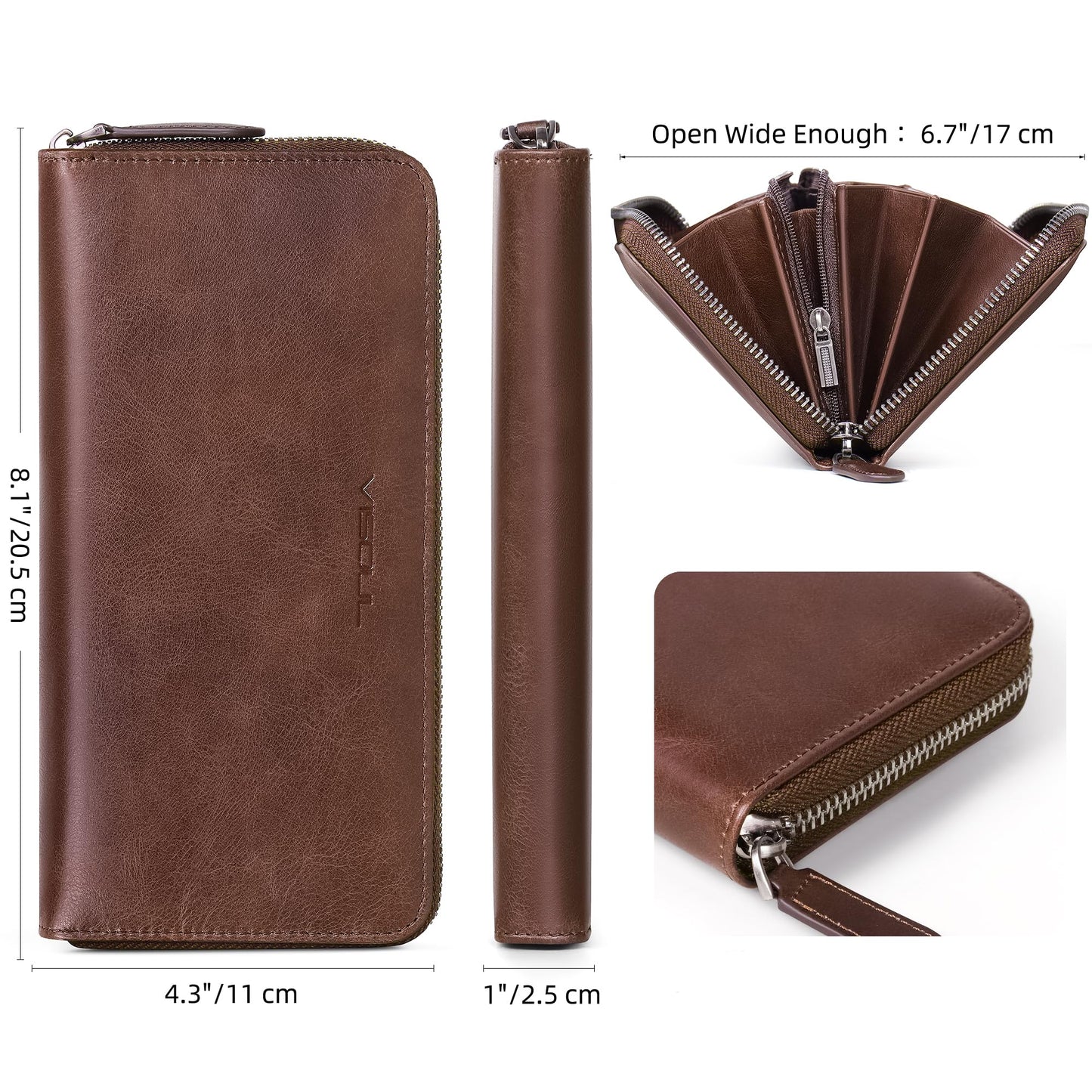 VISOUL Leather Long Zipper Pouch Wallet for Men and Women with RFID Blocking, Large Clutch Cash Long Wallet with Zipper (Brown)