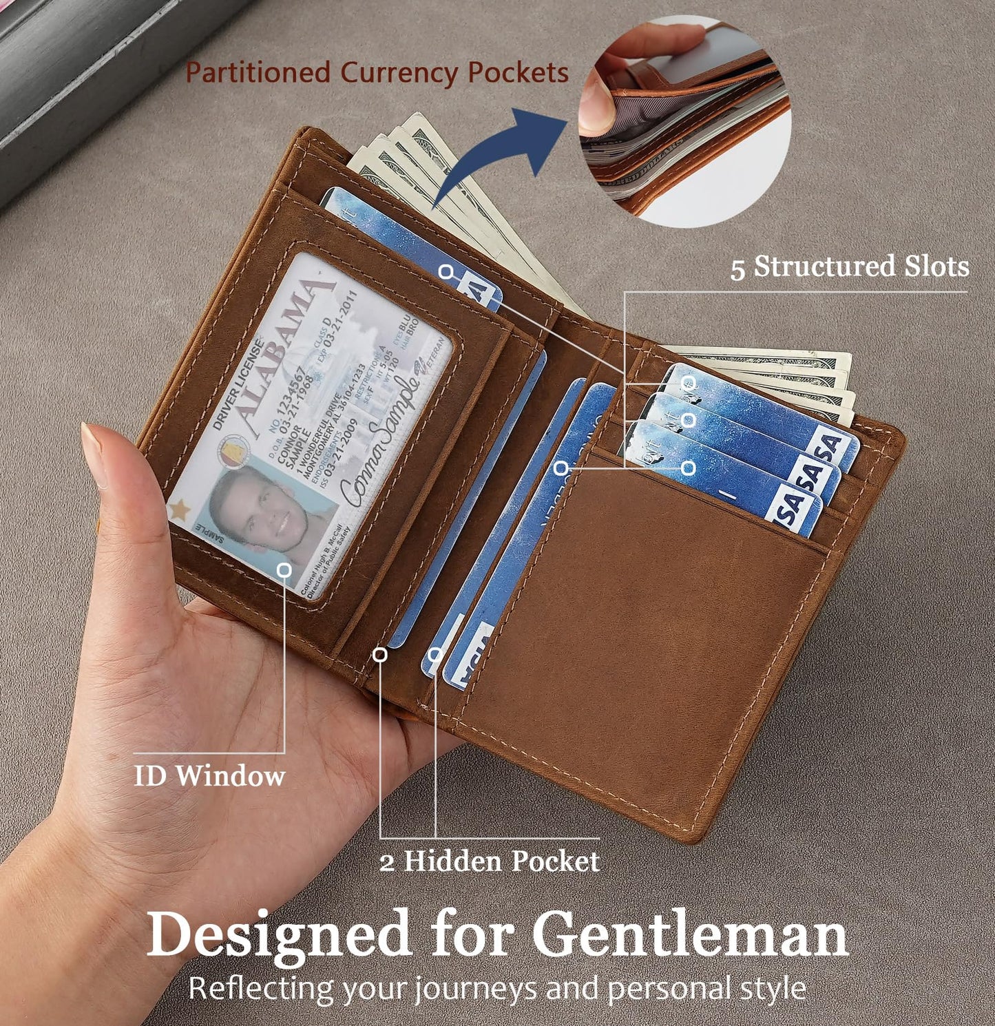 LnxLtw Bifold Vertical Wallet for Men - Slim Leather RFID Blocking Front Pocket Design with ID Window & 2 Cash Pockets | 4.5"x3.7"x0.7" Thin 7 Card Slots Wallets Organizer | Gift Box (Brown)