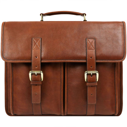 Time Resistance Leather Briefcase for Men - Handcrafted in Italy Full Grain Messenger Bag - Laptop Bag (Cognac Brown)