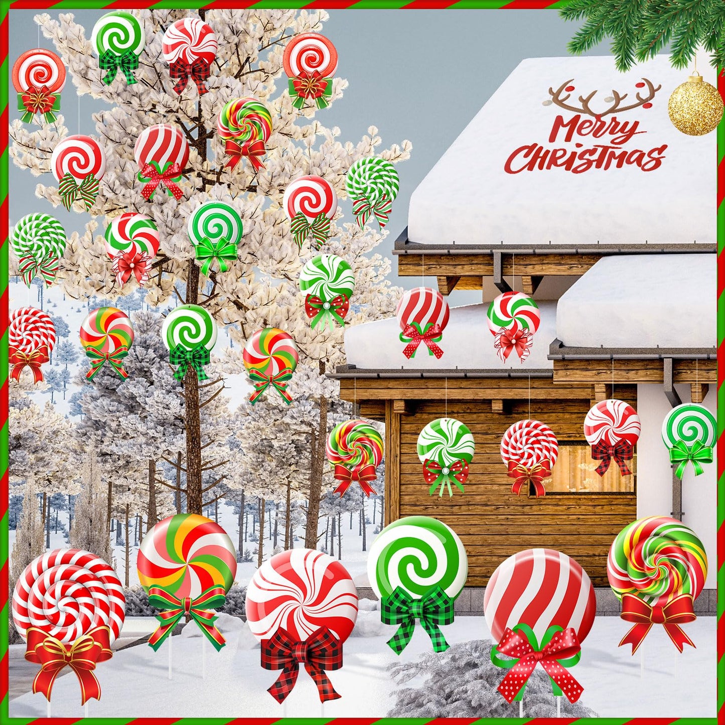Huwena 30 Pcs Christmas Outdoor Hanging Decorations Snowflakes Candy Yard Signs Include 6 Plastic Yard Stakes 24 Double Sided Ornaments for Christmas Winter Holiday Garden Tree Decor(Candy Cane)
