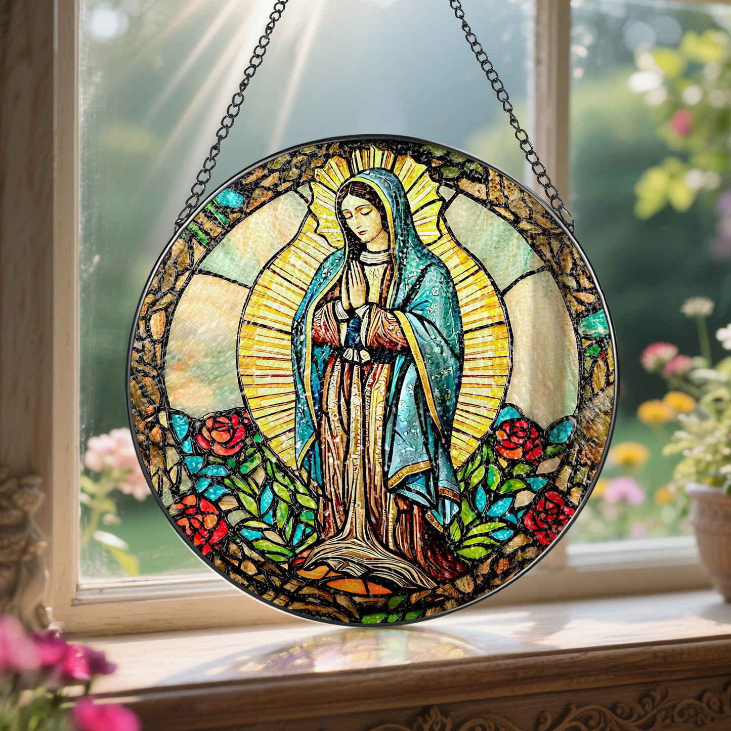 8 Inch Our Lady of Guadalupe Stained Glass Suncatcher, Stained Glass Window Hanging, Mexican Mom Window Hanging, Latin Mom Gift, Gifts for Mother's Day, Religious Gift, Gifts for Christian