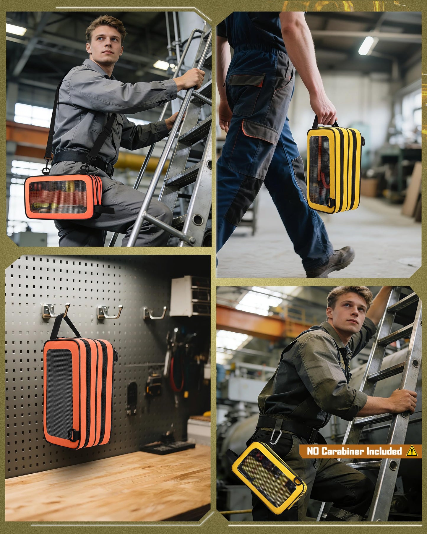 Marscamd 2 Pack Tool Pouch with Dual Compartments, 12” Tool Bag with Detachable Shoulder Strap, Carry Handle and Translucent Window, Orange-red/Yellow