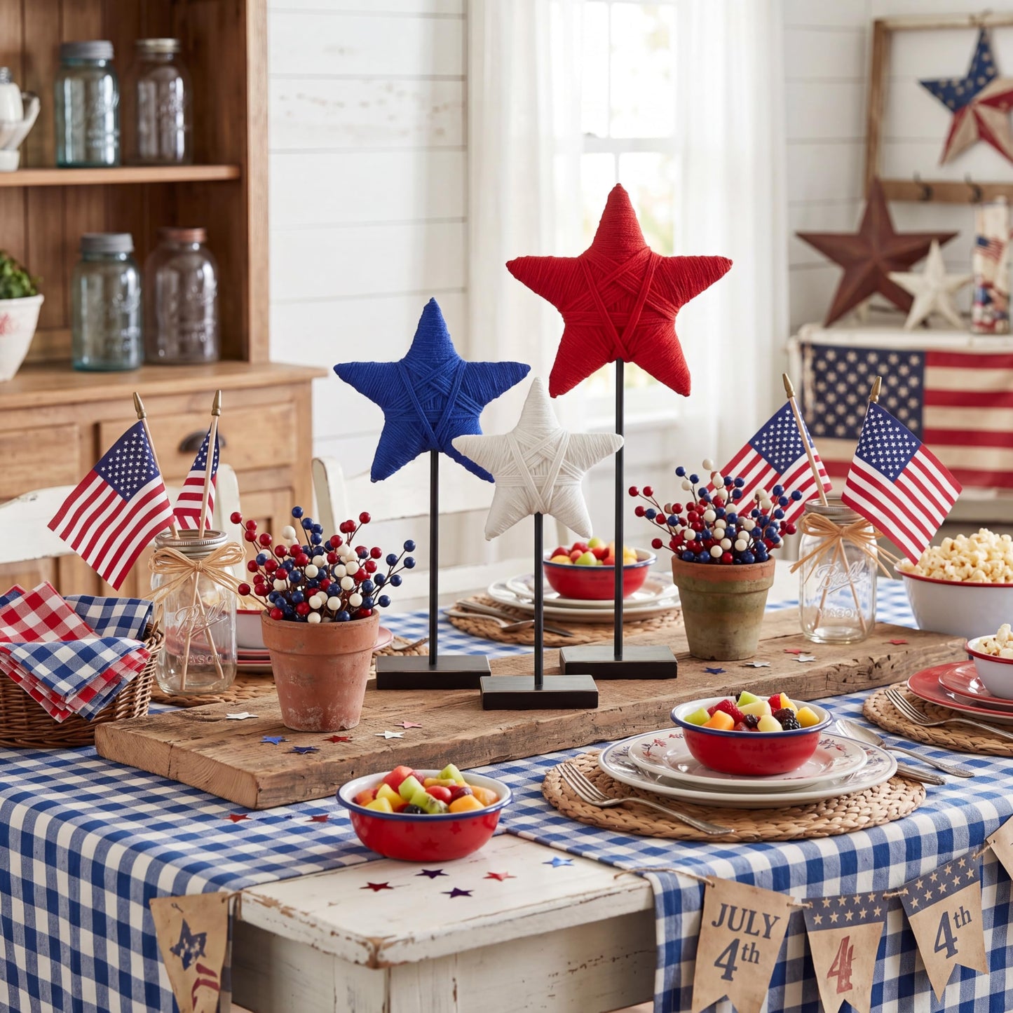 Yousoontic 3 Pcs 4th of July Rustic Patriotic Yarn Wrapped Star 250th Anniversary Tiered Tray Decor Star USA Red White Blue Farmhouse Table Centerpiece Handmade Americana Home Decoration