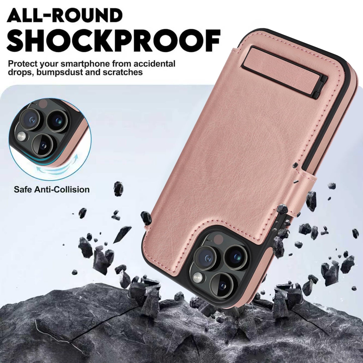CIVICASE for iPhone 15 Pro Max Wallet Case with Stand,PU Leather Flip Credit Card Holder Slots (RFID Blocking),Compatible with Magsafe Magnetic Holder Phone Cover Women Men,Rose Gold