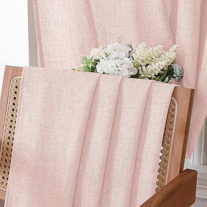 Tollpiz Linen Curtain Bedroom Rod Pocket Semi Sheer Curtains Burlap Light Filtering Thick Linen Drape for Living Room, 54 x 63 inches Long, Pink, Set of 2 Panels
