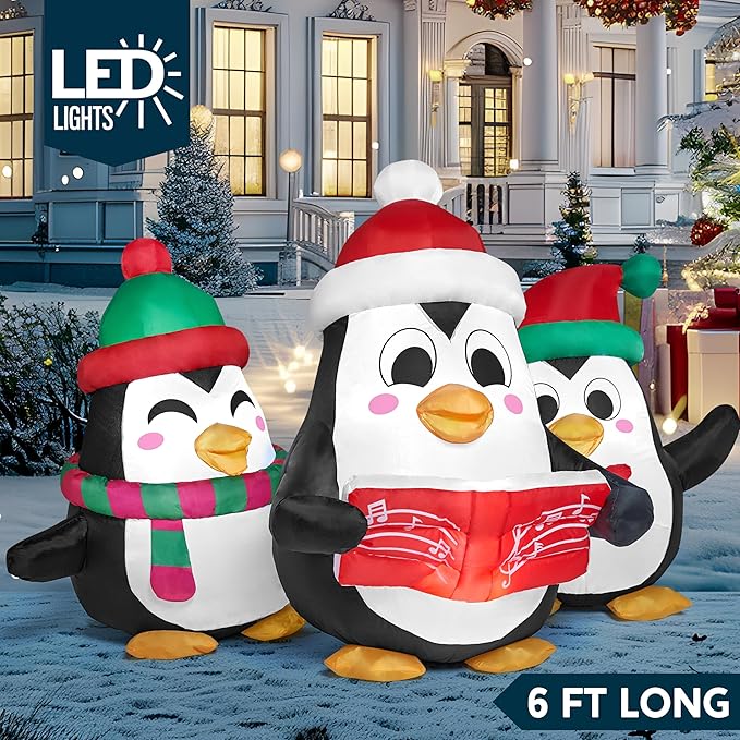 JOIEDOMI 6 FT Long Christmas Inflatable Penguins Choir with Build-in LEDs, Xmas Blow Up Penguins Outdoor Decorations for Xmas Party Yard Outside Indoor Garden Lawn Decor