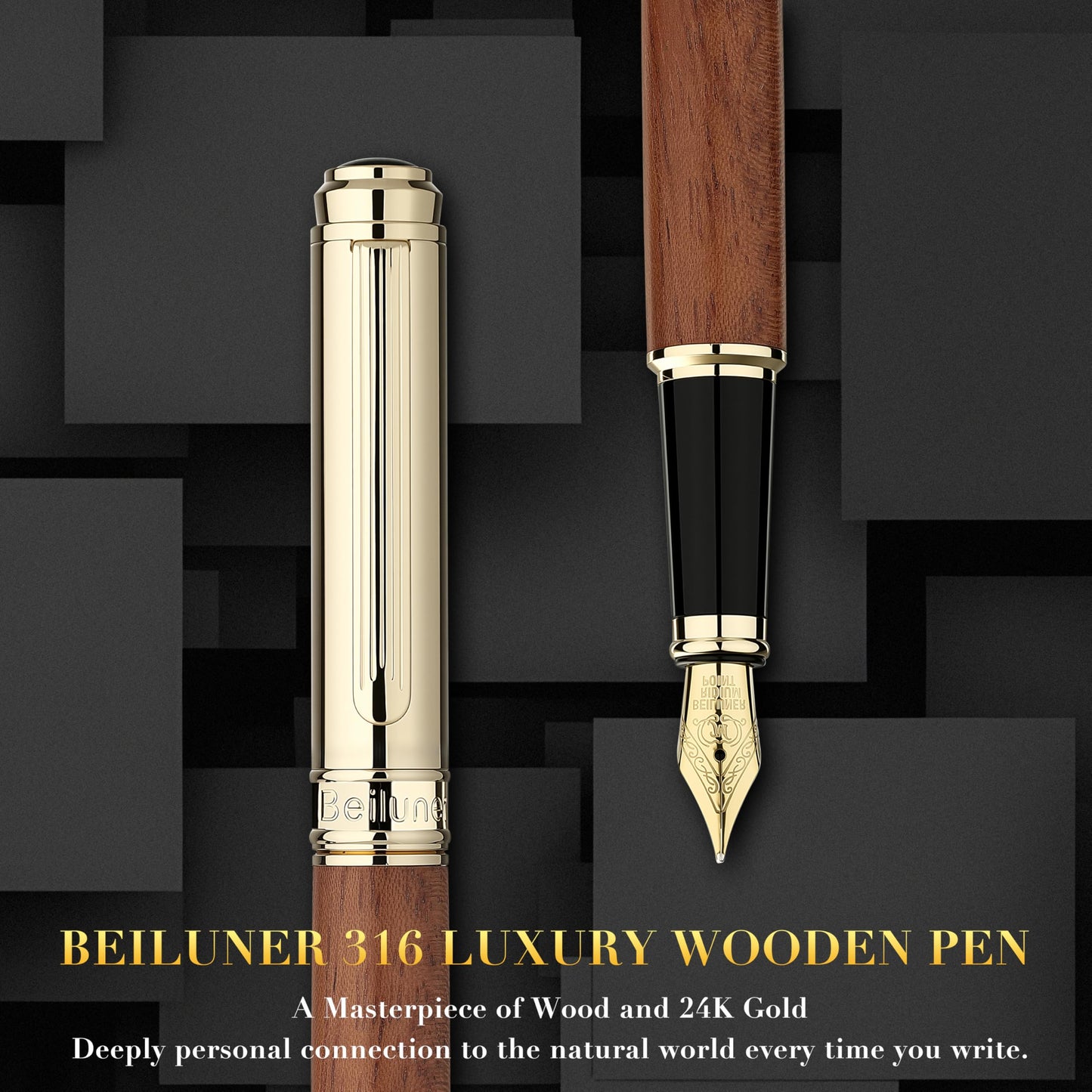 BEILUNER 316 Fountain Pen,Stunning Luxury Rosewood,24K Gilded Nib(Medium),Gorgeous 24K Gold Finish, Ink Converter,Best Gift for Men&Women-Fancy,Executive,Nice Pens for Writing, RD-M