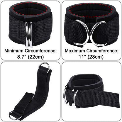 Techion 1 Pair of Fitness Ankle Straps for Cable Machine - Double D-Ring, Adjustable Comfort fit Neoprene - for Men and Women - Black