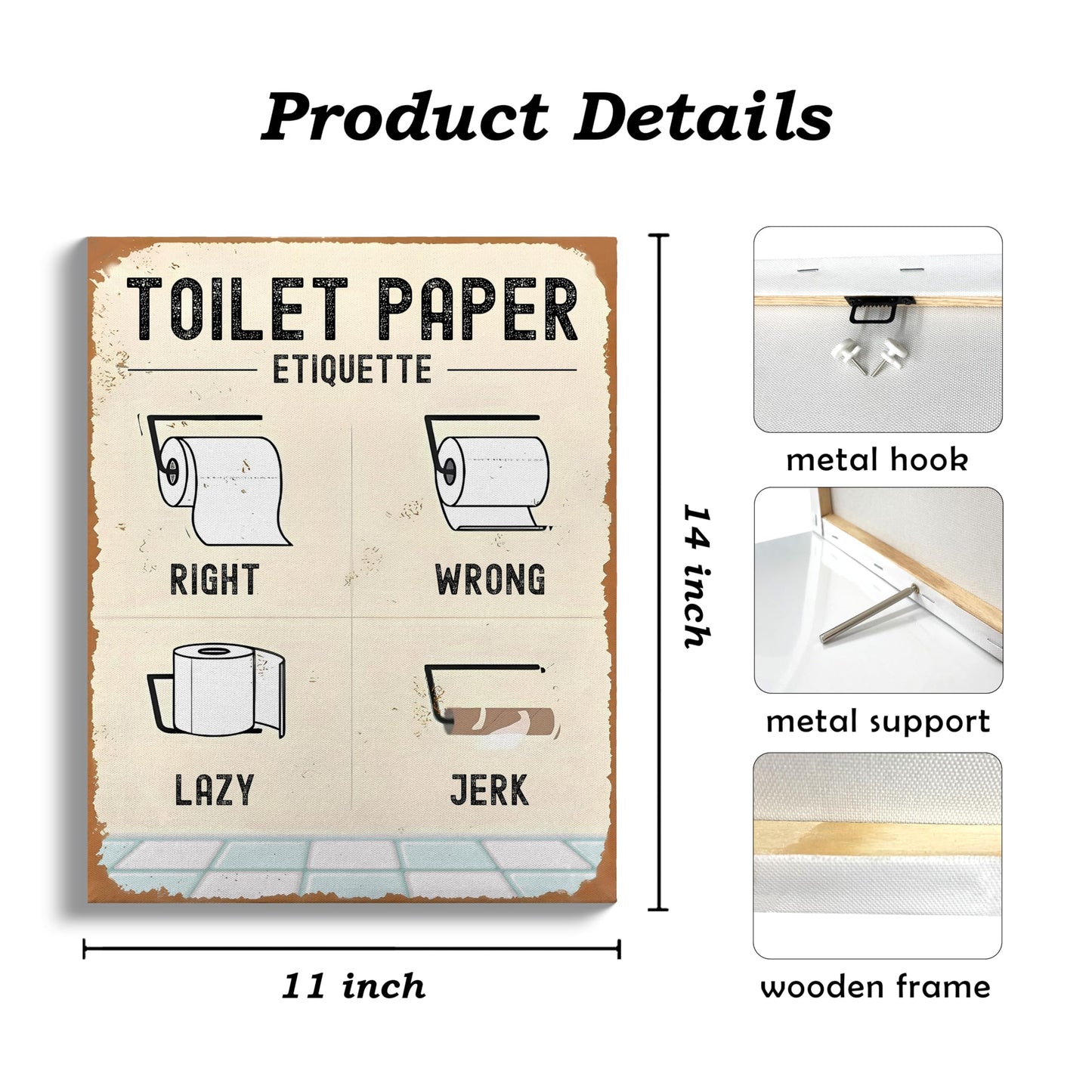 QICLM Funny Bathroom Framed Canvas Wall Art Posters, Correct Toilet Paper Etiquette Manner Art Wall Prints for Bathroom Washroom Toilet Restroom Decor, 11x14 Inch