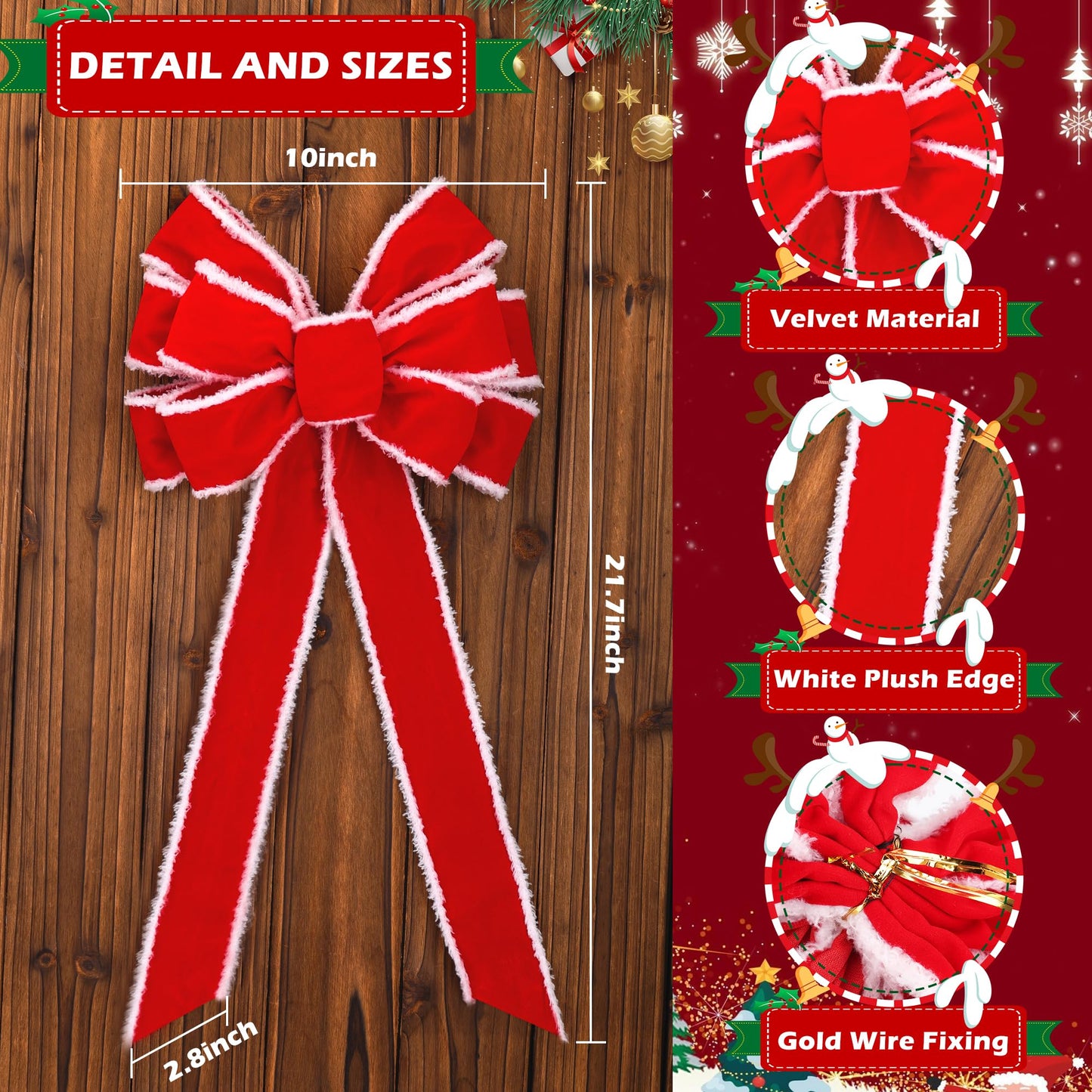 Anyfire Large Red Christmas Bow: 10'' x 21'' Large Christmas Tree Topper Bow Red Velvet Bow with White Edge for Wreath Garland Stair Fireplace Home Indoor Outdoor Xmas Decoration (1 Packs)