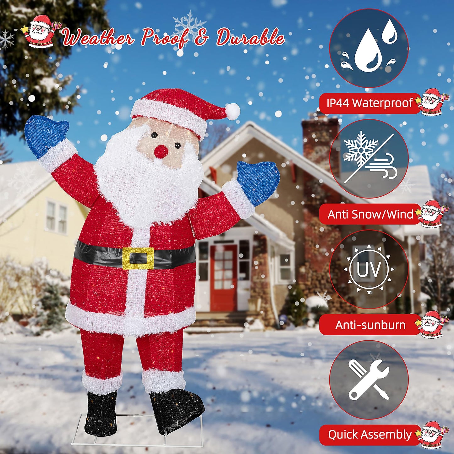 Shintenchi 3ft Lighted Christmas Santa Claus, Outdoor Pop-up Holiday Decoration with 80 LED Lights, 3D Pre-Lit Light-Up Decor for Yard, Garden, Lawn & Patio