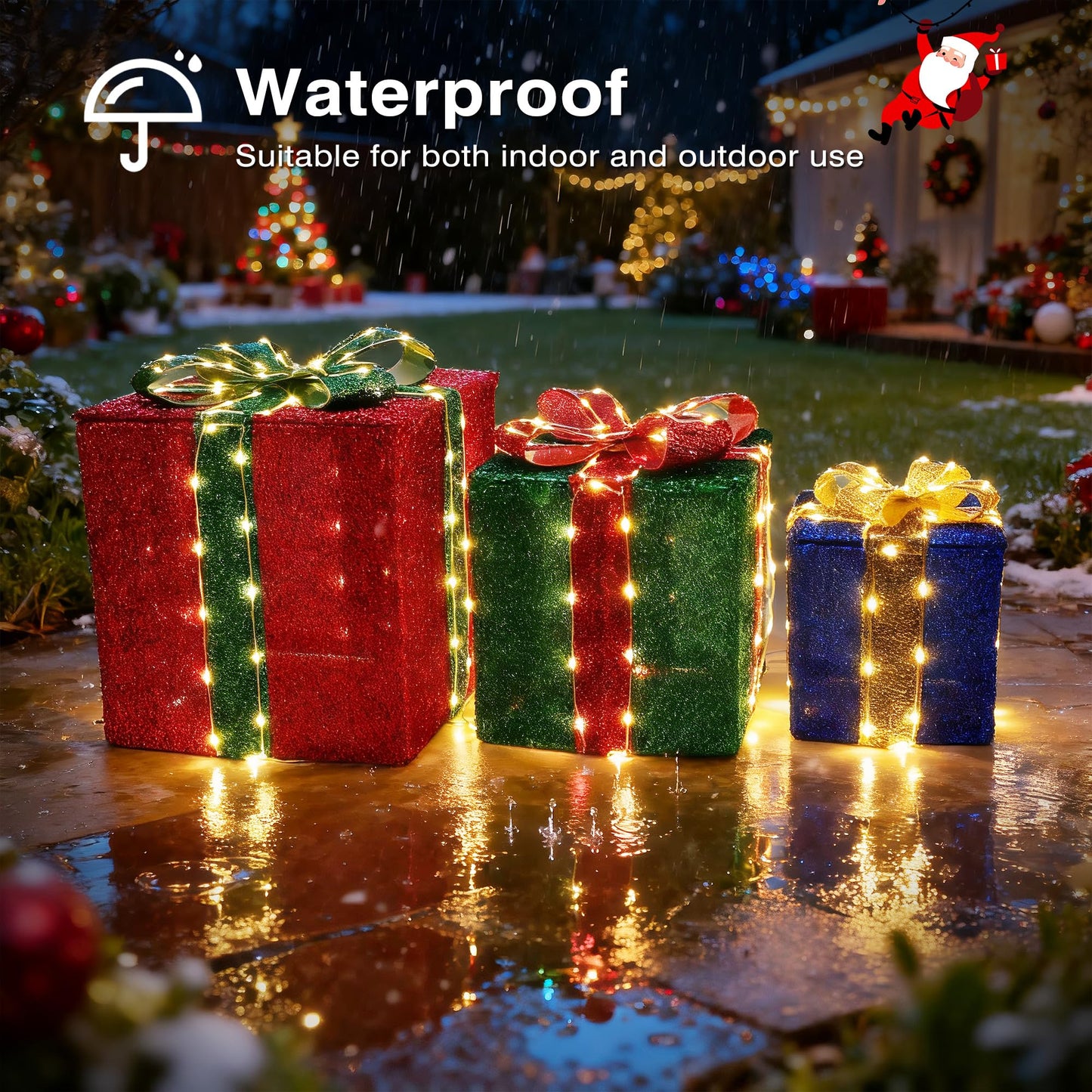 Set of 3 Christmas Lighted Gift Boxes - Pre lit Presents Christmas Boxes with Different Sizes for Holiday Indoor Outdoor Decoration (Warm White, Small)