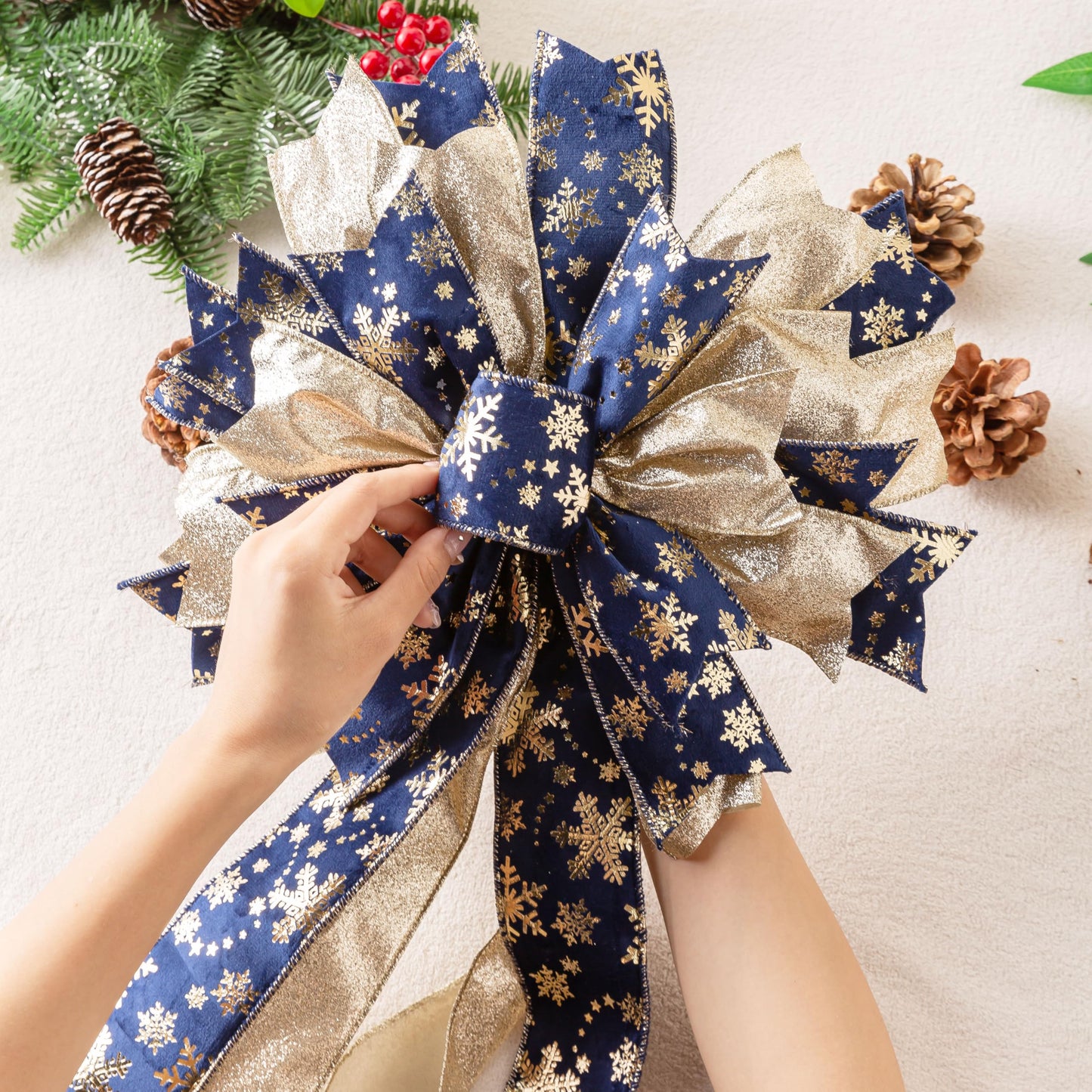 Blue Gold Christmas Tree Topper, 40x13 Inches Toppers Bow with Glitter Satin Mesh Streamer and Patterned Ribbon, Christmas Tree Topper Bow for Christmas Home Decoration