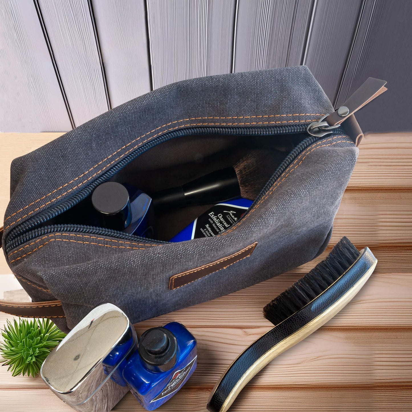 Eurow Luxe Mens Premium Canvas Toiletry Bag With Faux Leather Handstrap For Travel, Organize Bath Supplies, Grooming & Shaving Kits, Personal Hygiene, Travel Essentials, Gray