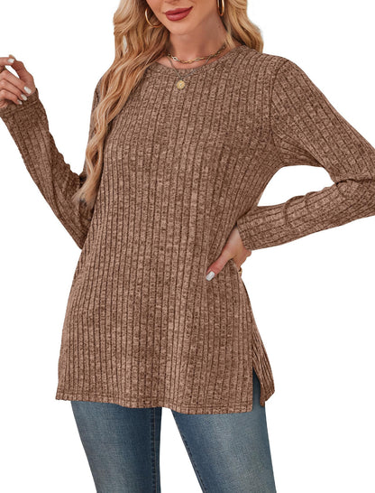 SAMPEEL Womens Sweaters Crewneck Long Sleeve Shirts with Pockets Fall Outfits 2025 Fashion Winter Clothing Side Slit