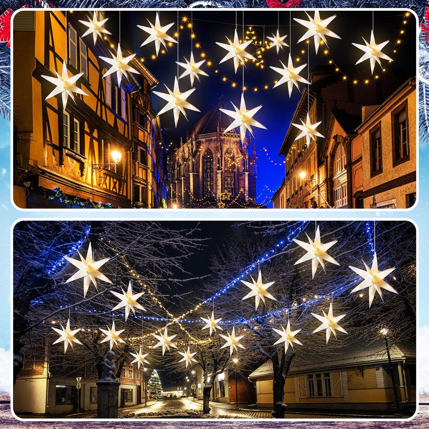 VIHOSE 12 Pcs Large White Moravian 15'' Led Tree Topper 3D Lighted Christmas Holiday Porch Hanging Outdoor Xmas for Window Home Decoration