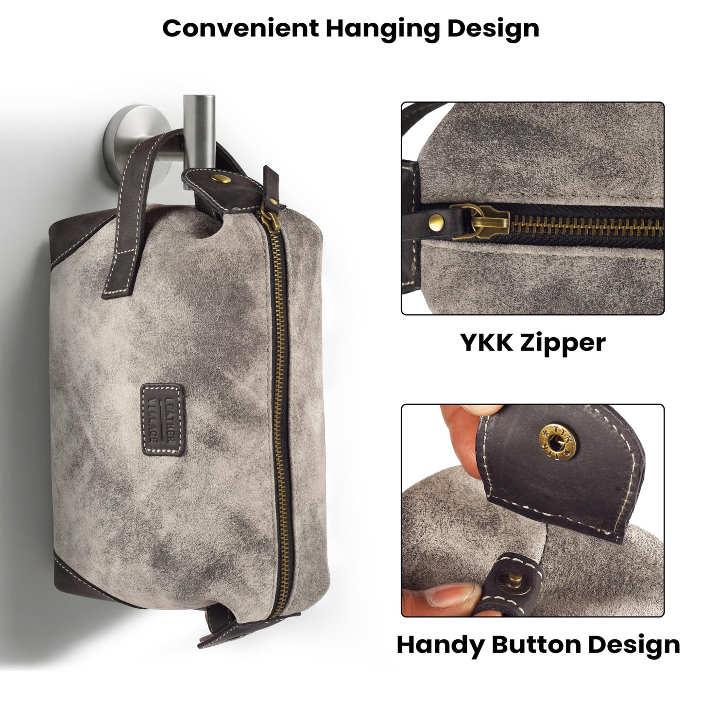 LEATHER VILLAGE Genuine Leather Dopp Kit for Men & Women with Waterproof Lining – Distressed Travel Toiletry Bag, Shaving & Bathroom Essentials Organizer - Distressed Grey