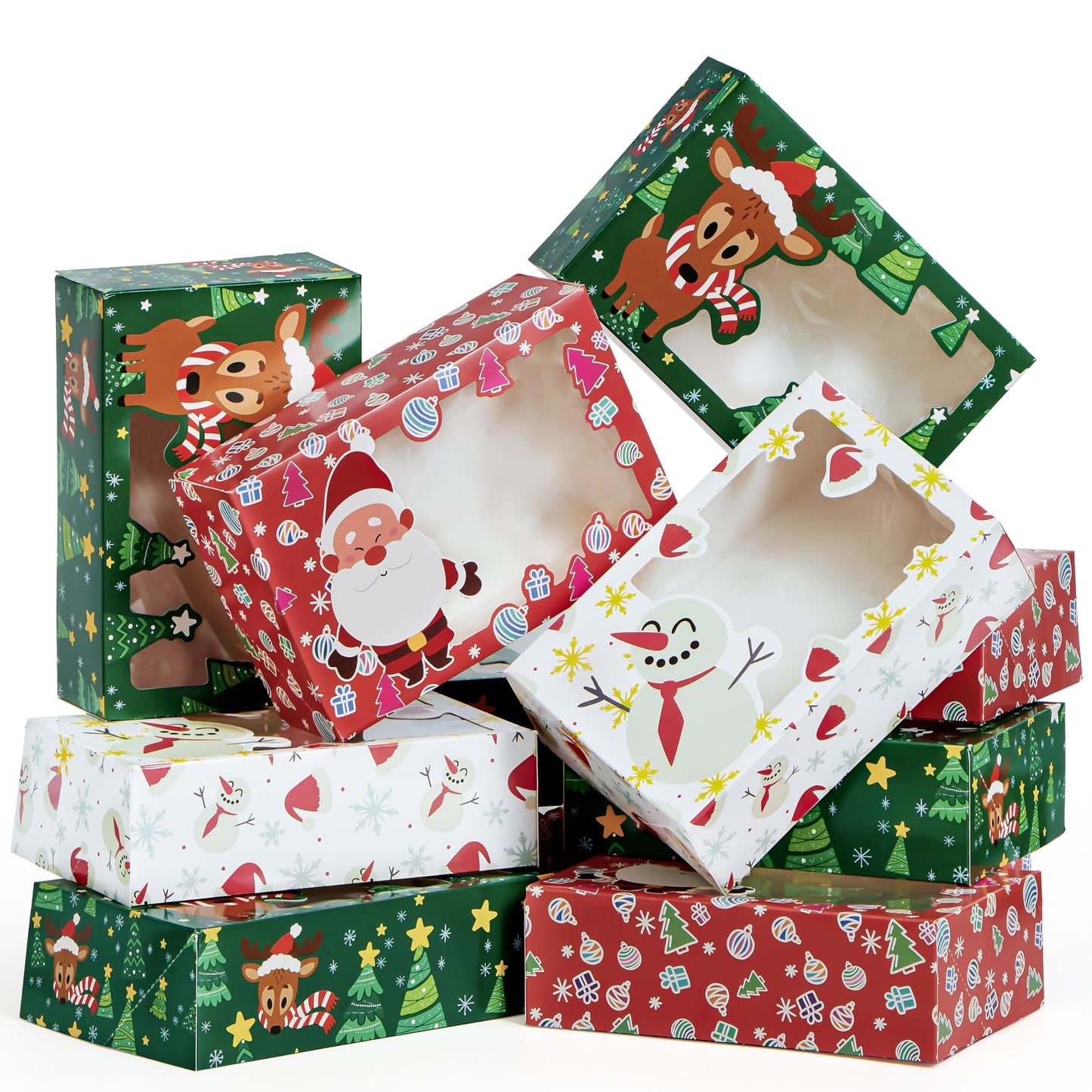 JOYIN 24 PCS Christmas Foil Treats Cookie Gift Boxes (8.75" x 5.75" x 2.75") Colorful Pattern Bakery Box with Window for Xmas Holiday Birthday Party Pastries, Cupcakes, Brownies, Donuts Gift-Giving