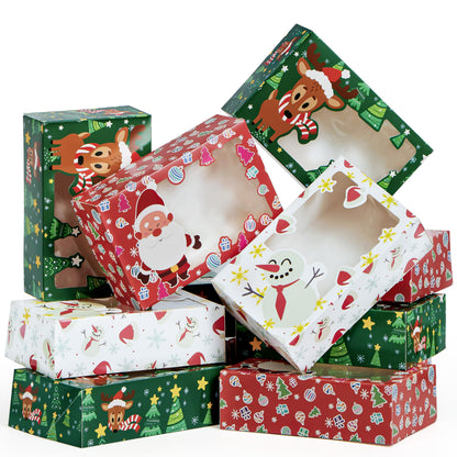 JOYIN 24 PCS Christmas Foil Treats Cookie Gift Boxes (8.75" x 5.75" x 2.75") Colorful Pattern Bakery Box with Window for Xmas Holiday Birthday Party Pastries, Cupcakes, Brownies, Donuts Gift-Giving