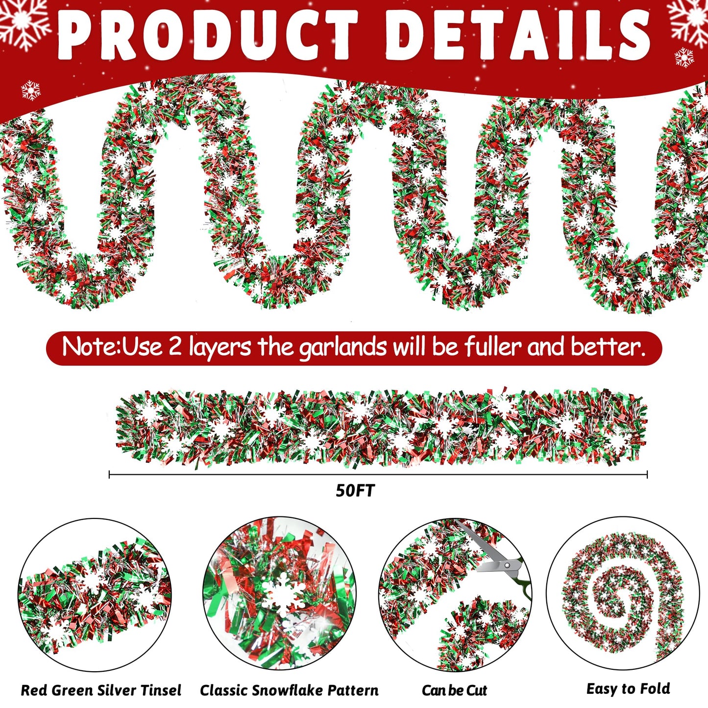 50 FT Christmas Decorations, Christmas Tinsel Garland with Snowflake Shiny Metallic Twist Red Green Silver Christmas Garland for Home Tree Mantle Stairs Indoor Outdoor Xmas Party Decorations