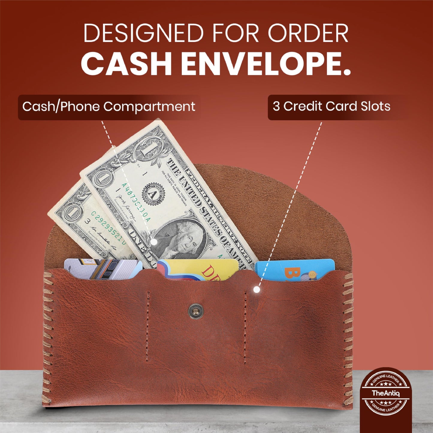 TheAntiq Genuine Leather Currency Pouch for Men & Women – Travel Money Organizer with 3 Card Slots | Handmade Leather Cash Wallet & Dollar Bill Holder – Slim Travel Money Bag