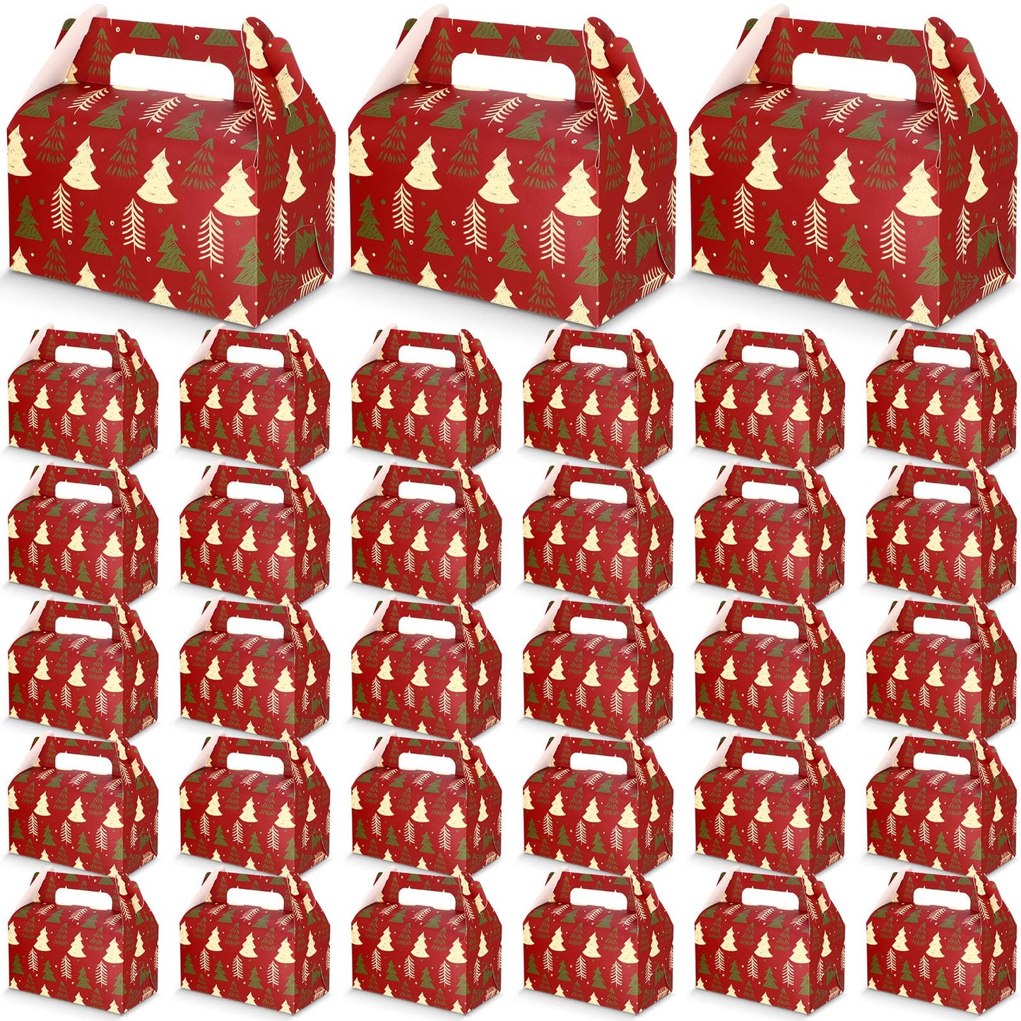 Feifeiya 30 Pcs Christmas Treat Boxes with Handles Xmas Red Gift Boxes Paper Candy Cookie Christmas Tree Cupcake Snack Goodies Gift Wrap Container Bags for Kids Xmas Party Favor Supply Decoration
