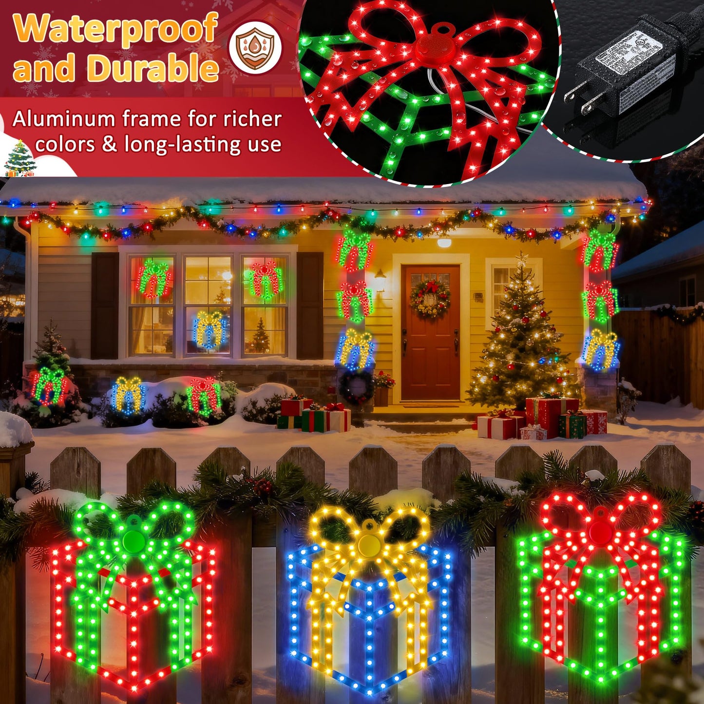 ElectricWise 3 Pack 10'' Christmas Window Lights, 354 LEDs Hi Vibrant Twinkling Lighted Gift Boxes, Waterproof Plug in Christmas Window Silhouette Light Present Decoration for Door Wall, Xmas Decor