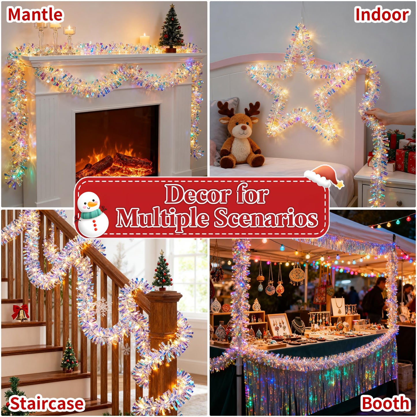 Christmas Garland with Lights, 2 Pack 6.5FT Iridescent Tinsel Garlands Battery Operated, Shiny Streamers Garland New Year Decorations, Garland for Wedding Birthday Holiday New Years Eve Party Supplies