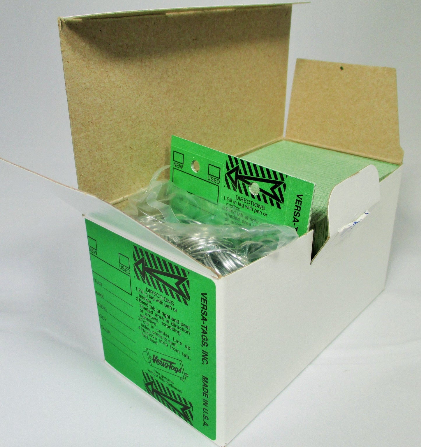 GREEN - Genuine Versa-Tag Green Key Tags, Self-Protecting (250 tags per box with "Chrome" plated steel rings)