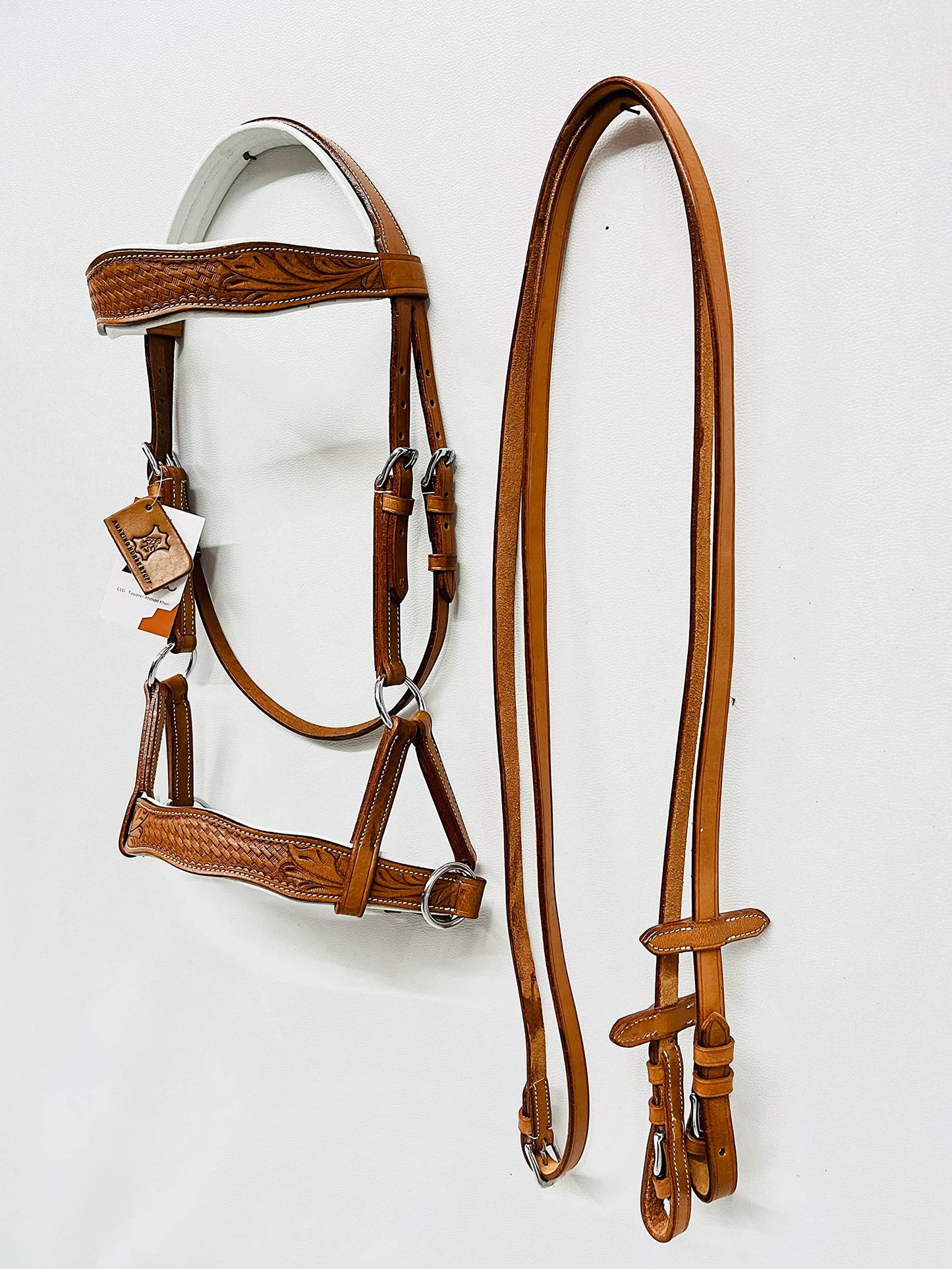 AMAZING HORSE STUFF Sidepull Bitless Bridle with Designer Hand Carving On Browband & Noseband Curved Shaped Natural (Full)