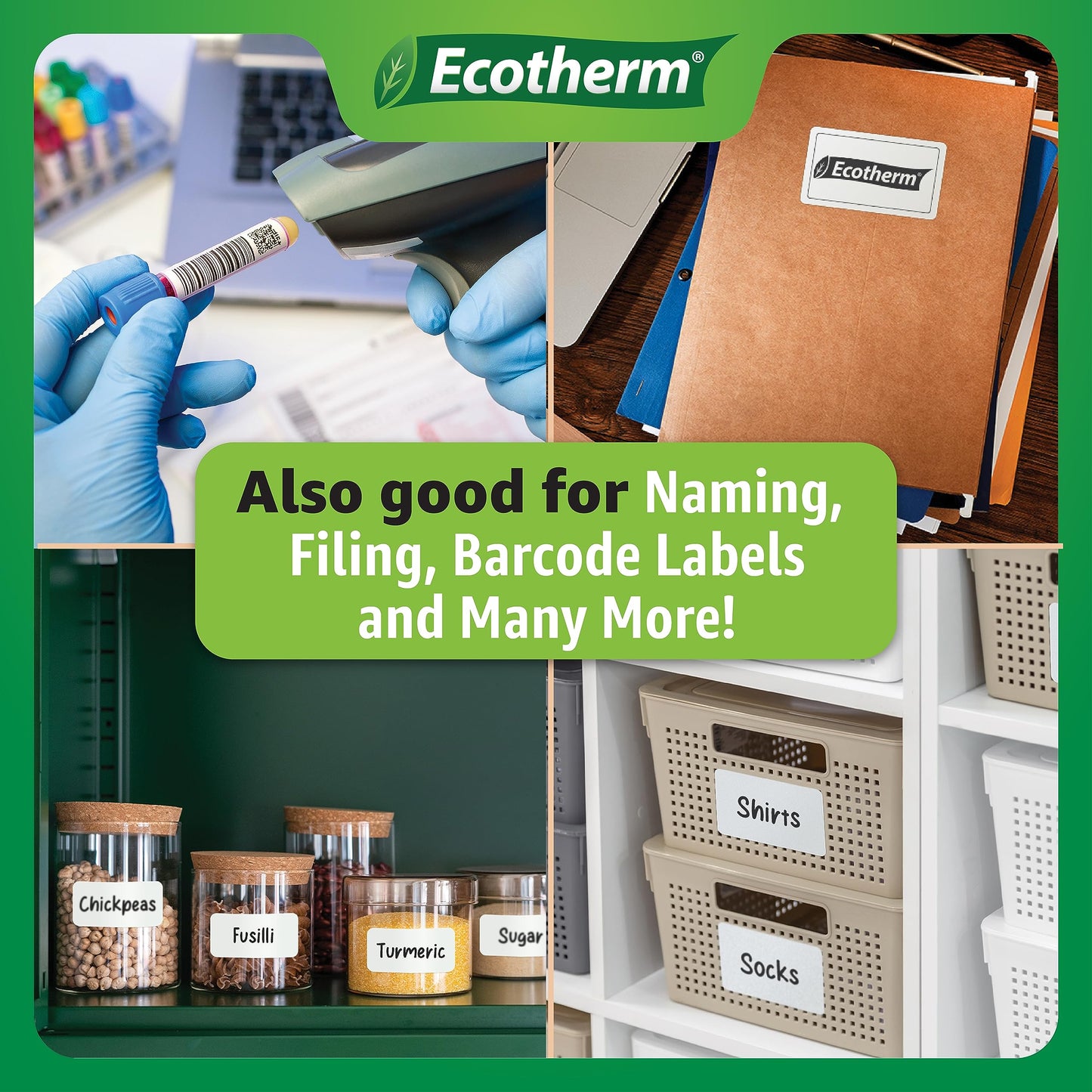 2.25" x 2" Thermal Labels | 4 Rolls | 2940 Labels | fits Zebra, Munbyn, Rollo, Godex, Arkscan, iDPRT, Offnova Thermal Label Printers and More | Blank White Adhesive Stickers by Ecotherm