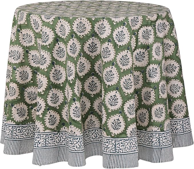 ATOSII Kari Green 100% Cotton Round Boho Spring Summer Tablecloth, Block Print Floral Table Cloth Linen for Dining, Parties, Weddings, OutdoorsI Home Table Decor 72" Inches Round