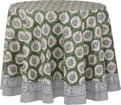 ATOSII Kari Green 100% Cotton Round Boho Spring Summer Tablecloth, Block Print Floral Table Cloth Linen for Dining, Parties, Weddings, OutdoorsI Home Table Decor 90" Inches Round