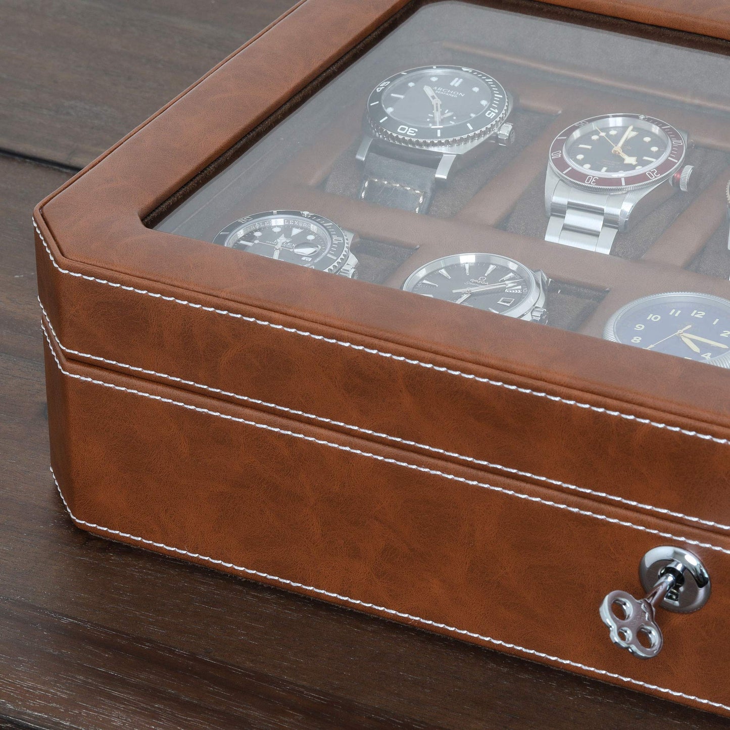 ROTHWELL 12 Slot Leather Watch Box - Luxury Watch Case Display Organizer, Microsuede Liner, Locking Mens Jewelry Watches Holder, Men's Storage Boxes Holder Large Glass Top (Tan/Brown)