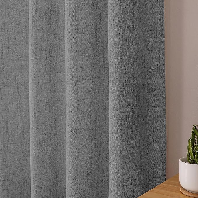 Tollpiz Short Linen Curtain Living Room Rod Pocket Semi Sheer Curtains Burlap Light Filtering Thick Linen Drape for Bedroom, 54 x 45 inches Long, Dark Grey, Set of 2 Panels
