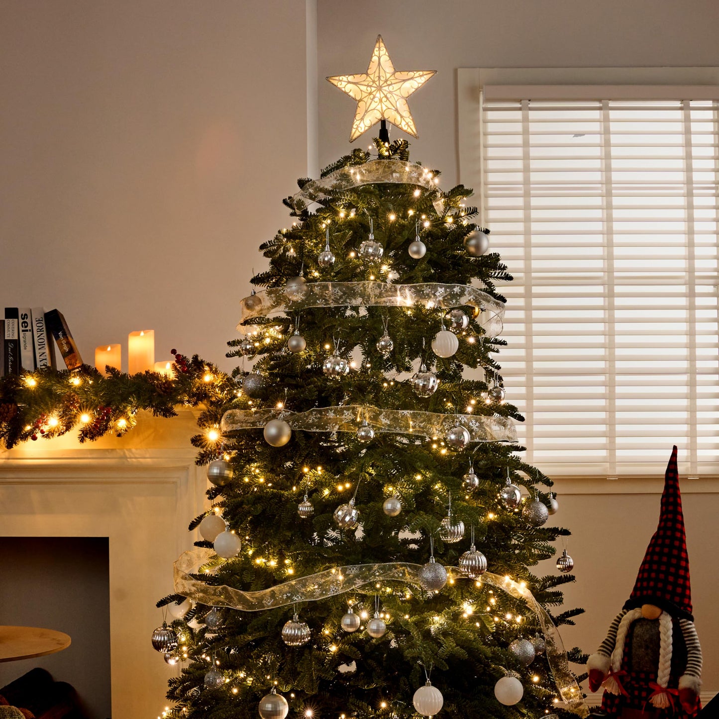 JOIEDOMI 9 inch Silver PVC Star Christmas Tree Topper, with 10 Warm White Light Glitter Swirl Battery Powered Indoor Decorations for Home Holiday Xmas Party